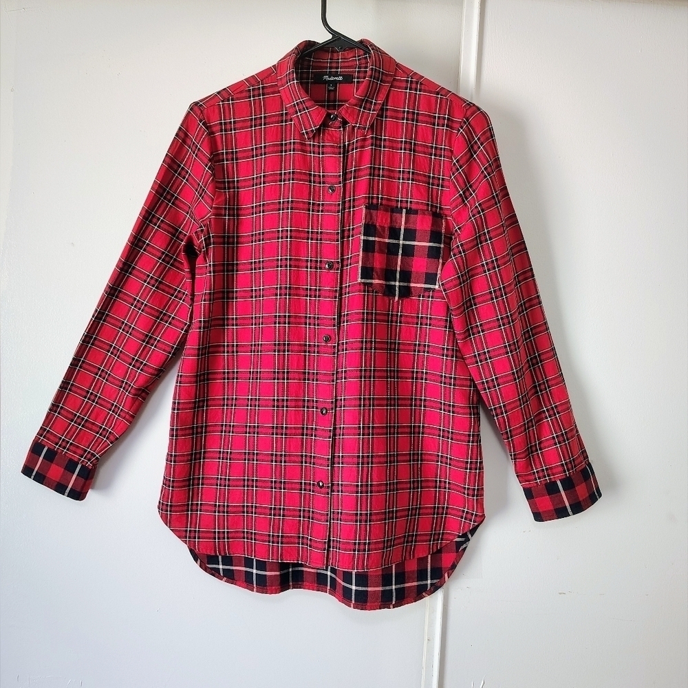 Madewell women's classic ex-boyfriend shirt, red cotton plaid, one pocket, sz S. - Picture 14 of 16
